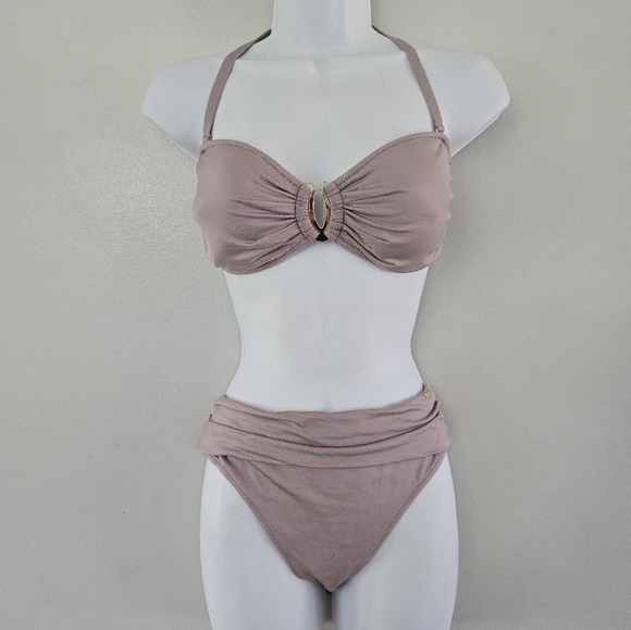 Lascana NWT 2 Piece Swimsuit Grey Lilac Ruched 34C/D Bottoms 8 - Picture 1 of 6